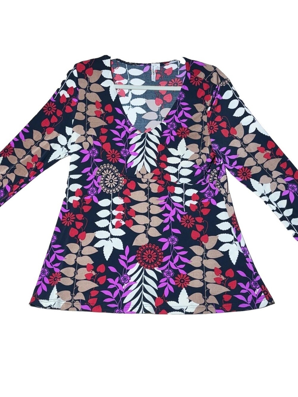 Susan Lawrence Vintage Boho Tunic XL Floral Leaf Print V-Neck Artsy Top Knit